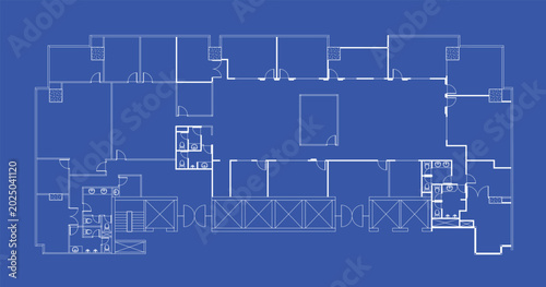 Large Office Interior Blueprint Floor Plan with Shared Restroom and Common Area Layout for Modern Workspace Architecture and Commercial Building Design