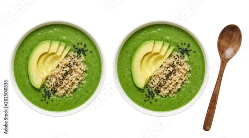 Delicious and Healthy Avocado Soup with Quinoa and Fresh Herbs in Bowls.