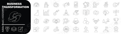 Business transformation line icons set for corporate strategy and growth