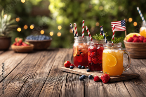 Patriotic drink mason jar fruit straw american flag refreshing summer 4th july outdoor table scene with berry lemonade and citrus iced tea glass