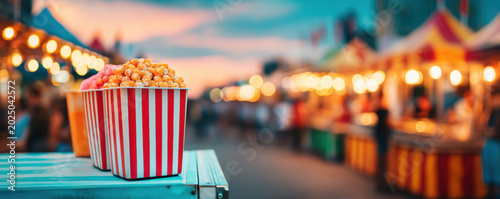Popcorn striped container carnival festival street night bokeh fair food concession stand with 4th july celebration mood evening festival street