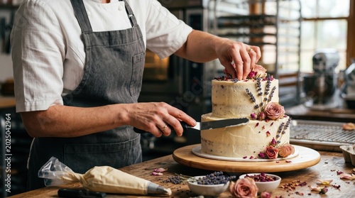 Baker in gray apron decorates a two-tiered cake with flowers and lavender in a well-equipped kitchen, featuring baking tools and ingredients on a wooden countertop