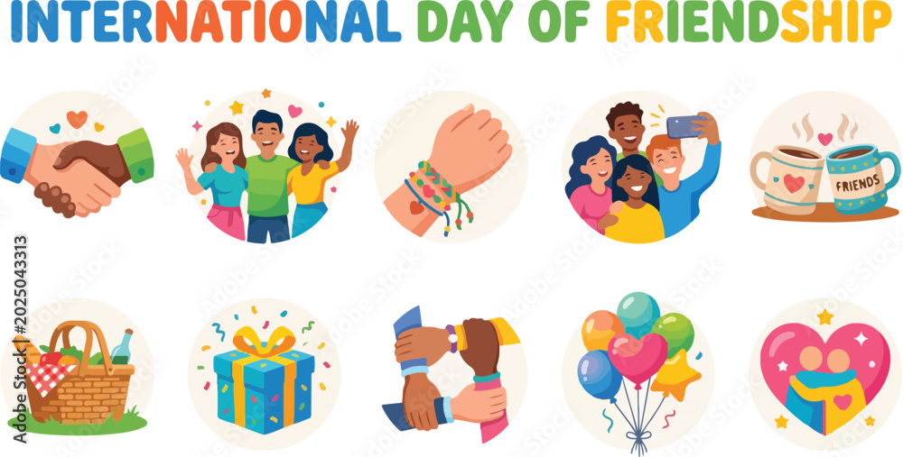 Obraz premium Set of vector icons celebrating International Day of Friendship with diverse people and symbols of connection