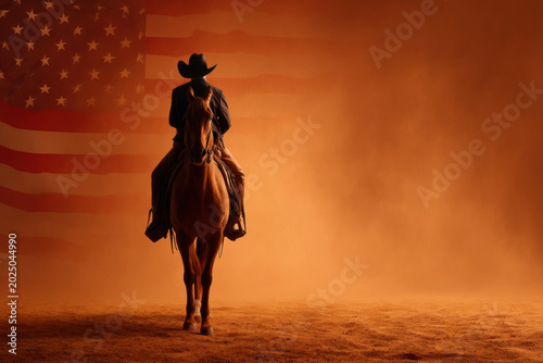 Patriotism cowboy horse american flag western silhouette 4th july dust desert rider silhouette before american flag 4th july western patriotism