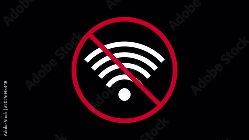 No Wi-Fi Signal Animation with Red Forbidden Circle Symbol over Wireless Icon on Black Background 4k video animation seamless loop