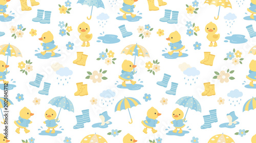 Cute Children's Flat Illustration Seamless Pattern with Happy Ducklings, Rain, Umbrellas, and Puddles