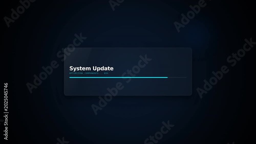 A dark screen shows a centered system update notification with a blue progress bar, indicating ongoing software installation or update