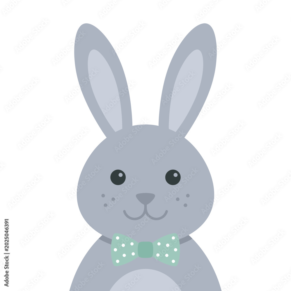 Obraz premium Portrait of a cute gray rabbit with a green polka dot bowtie, friendly character illustration for baby shower and nursery decor