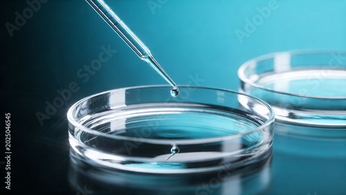 Clear Laboratory Pipette Releasing Droplet Into Glass Petri Dish in Blue Scientific Setting