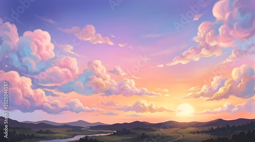 Beautiful Sunset Over Rolling Hills with Pink and Orange Clouds in Bright Sky