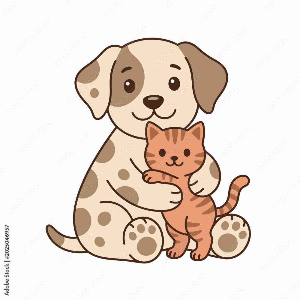 Fototapeta premium Sweet Cartoon Illustration of a Spotted Dog Sitting and Giving a Big Hug to an Orange Kitten