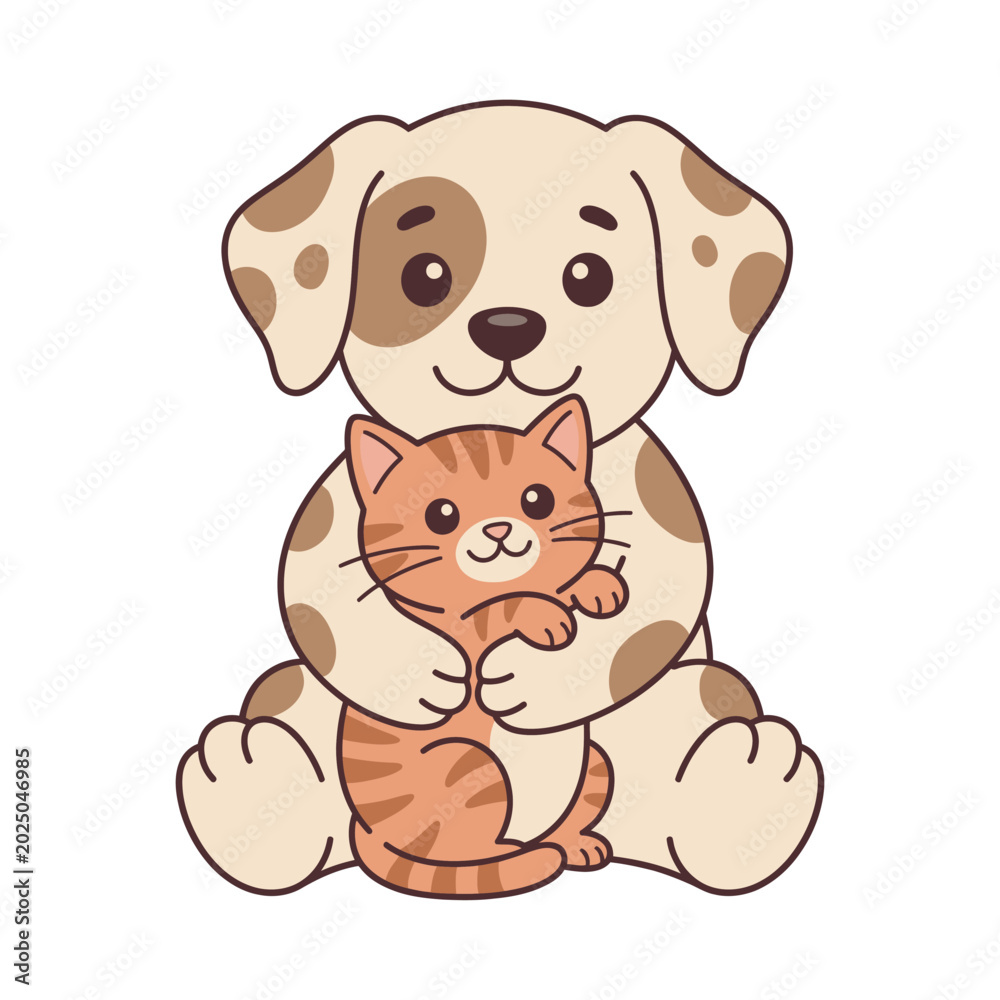 Fototapeta premium Cute Vector Character Design of a Spotted Dog Sitting and Hugging an Orange Tabby Kitten