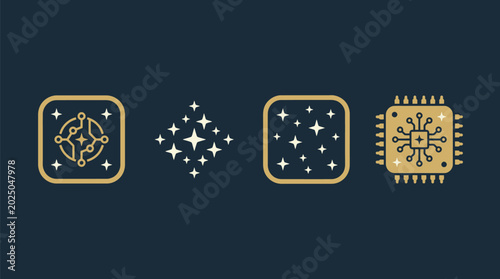 Bild auf Leinwand High-Quality Gold Icon Collection of Semiconductor Chips and Celestial Stars for