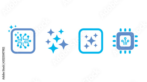 Bild auf Leinwand Clean Blue and White Flat Icons of Electronic Chips and Sparkles Representing Te