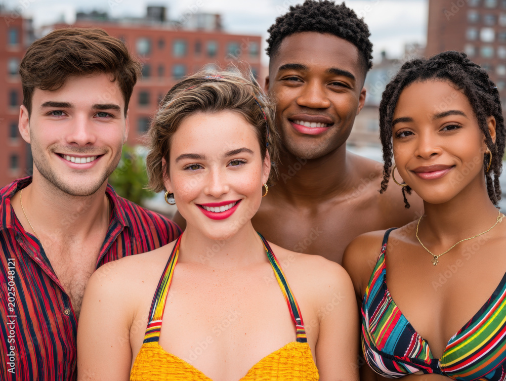 Fototapeta premium Group portrait diverse friend summer rooftop smile 4th july celebration with joyful young adult enjoying holiday together city skyline behind