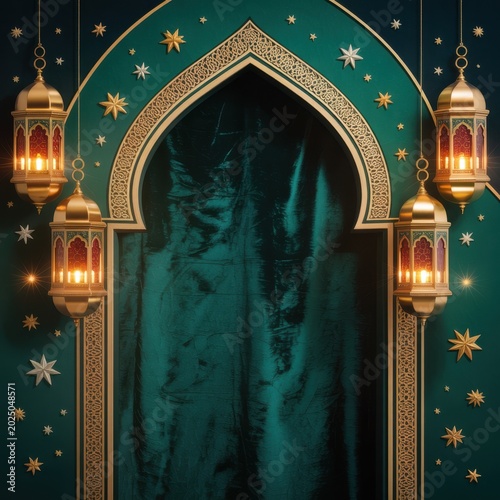 Ornate Islamic Archway with Glowing Lanterns and Starry Background Illustration