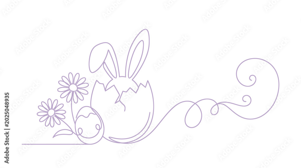 Obraz premium Purple Continuous Line Art Illustration of an Easter Egg with Rabbit Ears and Flowers