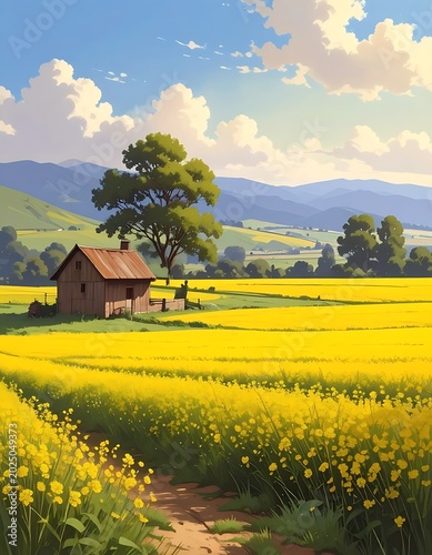 Serene countryside landscape with house.