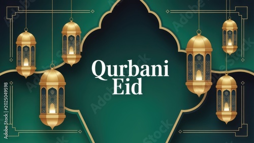 Qurbani Eid celebration with ornate lanterns and geometric patterns in a deep green backdrop
