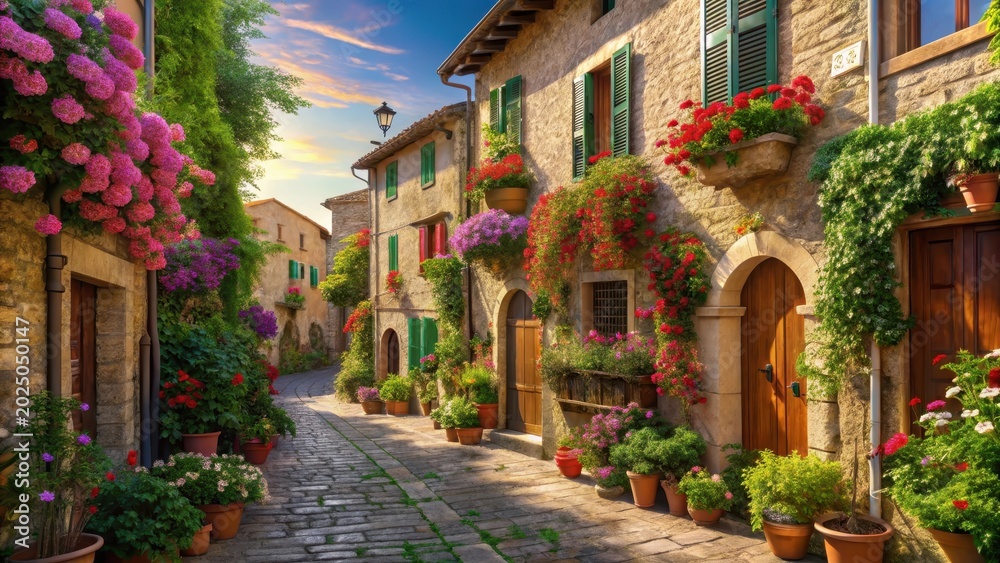 Fototapeta premium Blooming italian village street