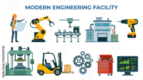 Modern Engineering Facility Vector Illustration Set of Industrial Equipment and Technology