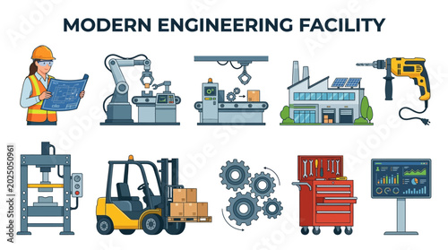 Modern Factory Technology Vector Set Illustrating Engineering and Manufacturing Processes