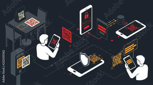 Qr Code Security Illustration Depicting Data Phishing and Protection Measures in a Digital Transaction Scenario
