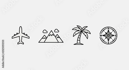 Bilde på lerret Travel icons airplane mountains palm compass