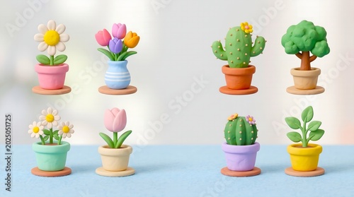 Collection of colorful clay potted plants and flowers, including daisies, tulips, cacti, and a small tree, presented with a transparent background.