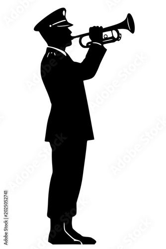 Photos Solid black vector silhouette of a military bugler in uniform playing the trumpet or bugle