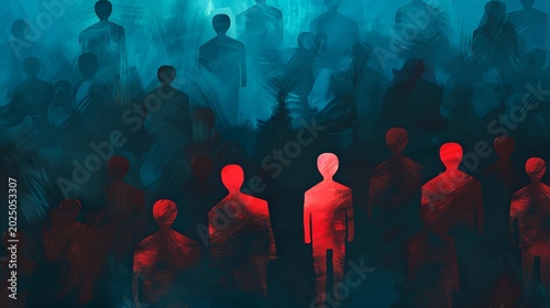 One glowing figure standing out from a massive crowd of dark anonymous silhouettes, concept of individuality and leadership.