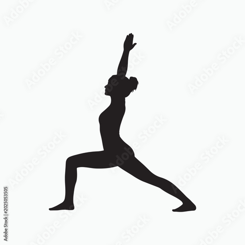 Black silhouette of a woman in yoga warrior one pose on white virabhadrasana i