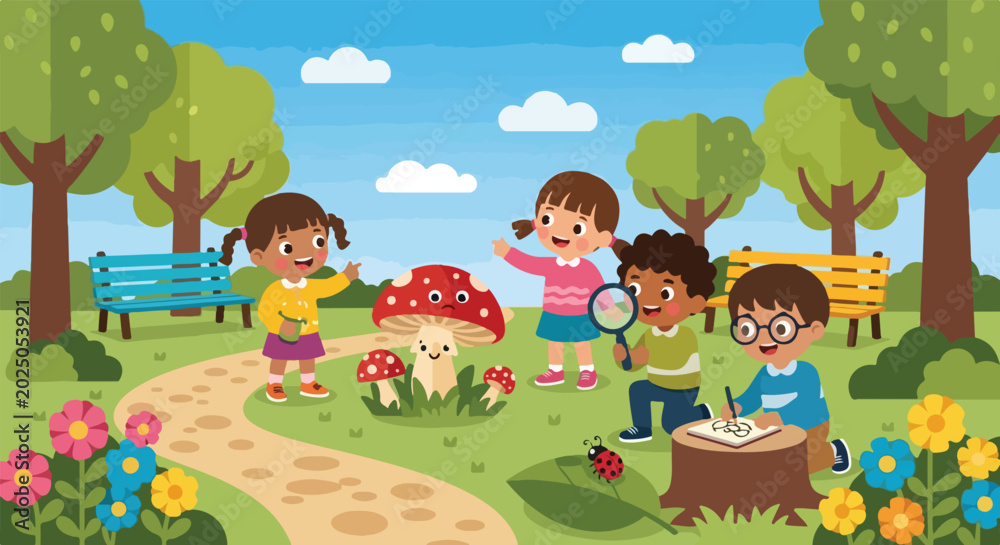 Obraz premium A group of diverse children are exploring nature in a beautiful park, observing a large mushroom and a ladybug while drawing and learning.