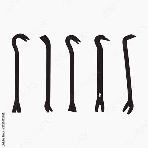 Tableau sur toile Five black crowbar silhouettes on a white background pry bar tool