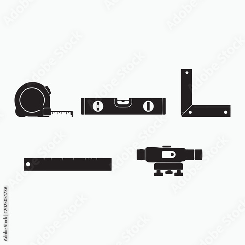 Black icons of measuring tape spirit level square ruler and surveyor transit vector