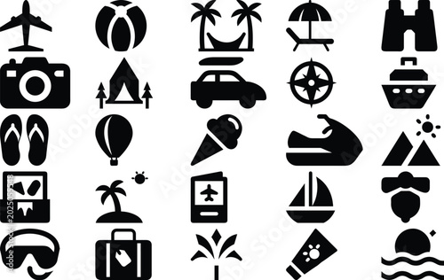 Summer Travel and Vacation Icons Set – Black Solid Beach Holiday Tourism Vector Collection