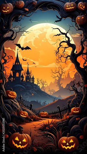 Spooky Halloween Night Scene with Castle.