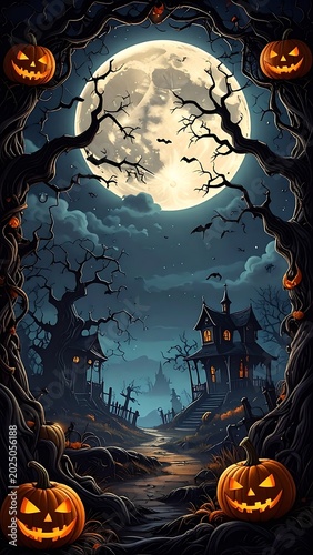 Spooky Halloween Night Scene with Pumpkins.