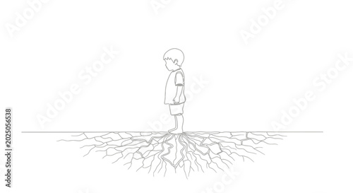 Tableau sur toile Child's roots growing into dry cracked earth, symbolizing growth, connection, and groundedness