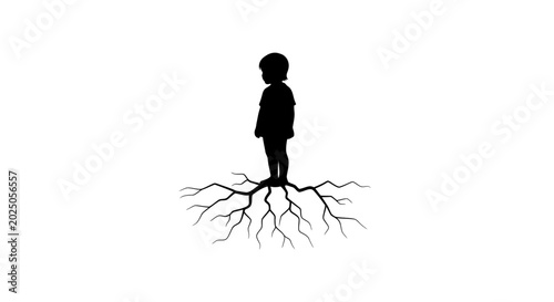 Quadro em tela Child silhouette standing on tree roots, symbolizing growth, connection, and origin