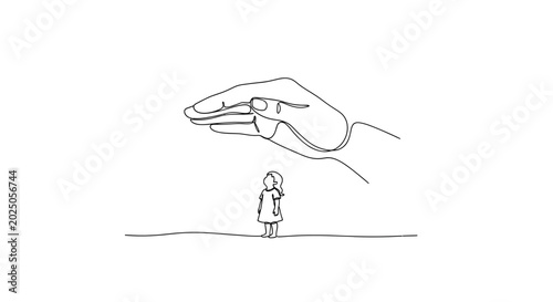 Foto Gentle Hand Protecting Small Child, Line Art Illustration, Symbol of Care, Safet