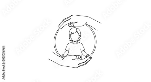 Schilderij op canvas Hands protecting child silhouette, concept of safety, care, and protection