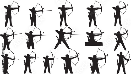 Archery, bow and arrow, archer silhouettes, black icons, sport graphics