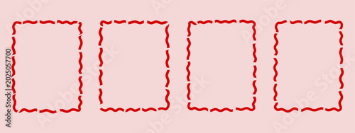 Set of Red Hand-Drawn Wavy Rectangle Frames, Decorative Vector Border Collection