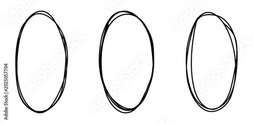Set of Black Hand-Drawn Circular Frames, Ellipse Shape Highlights Vector Illustration