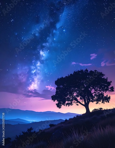Tree under starry night sky landscape.