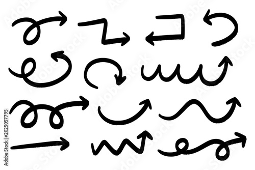 Hand-Drawn Black Arrow Set, Bold Brush Marker Arrows Isolated on White Background