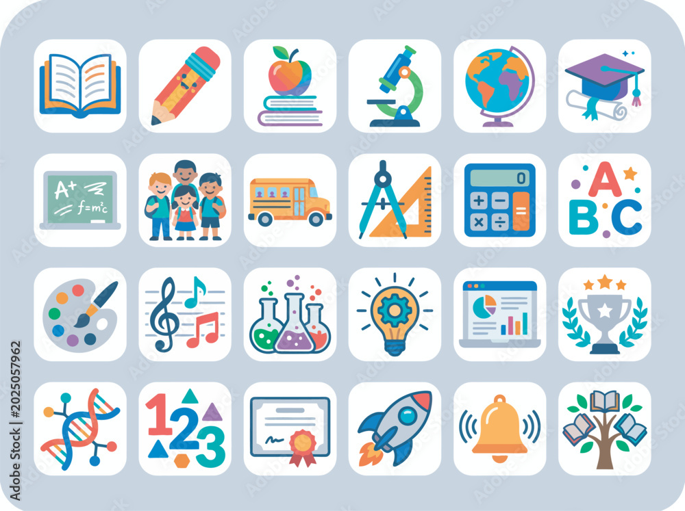 Fototapeta premium Educational School Icon Set With Academic Subjects Science Mathematics Arts and Learning Tools for Classroom Materials