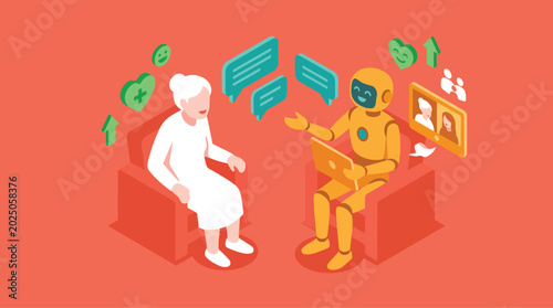 Humanoid Robot Assists Elderly Woman in Friendly Conversation with Health Icons