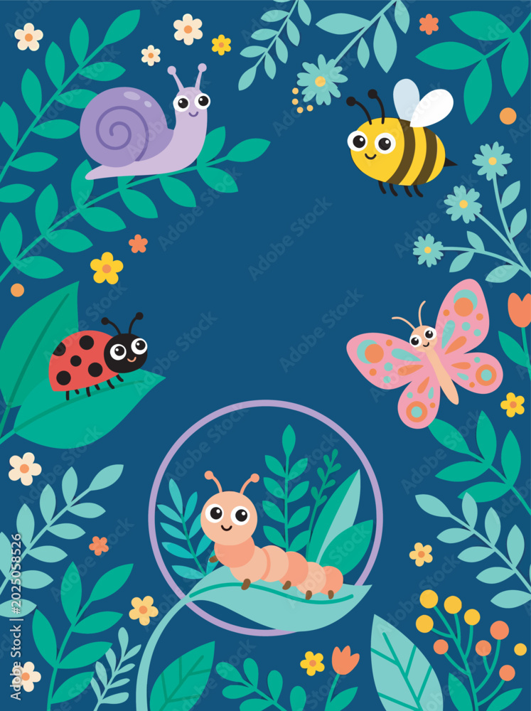 Obraz premium Dark Blue Background Featuring Cute Insects and a Central Circular Frame with Caterpillar